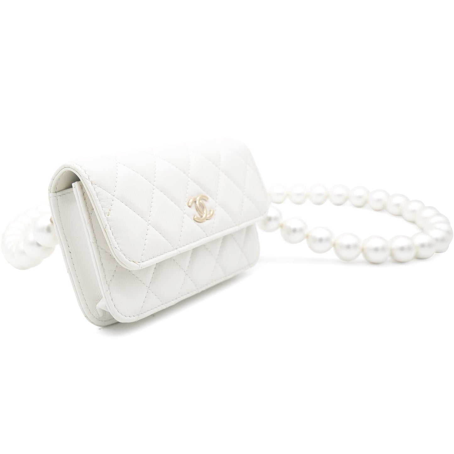 Chanel Calfskin Quilted Pearl Mini Wallet On Chain WOC White
