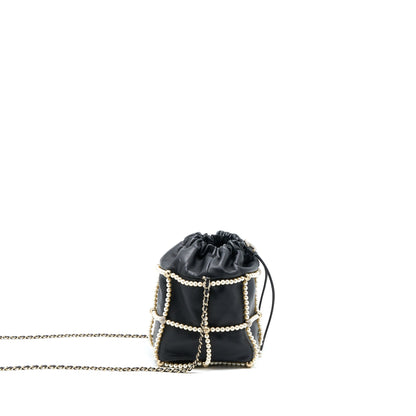 Chanel Bucket Crystal CC Logo Pearl Chain Bag Lambskin Black SHW