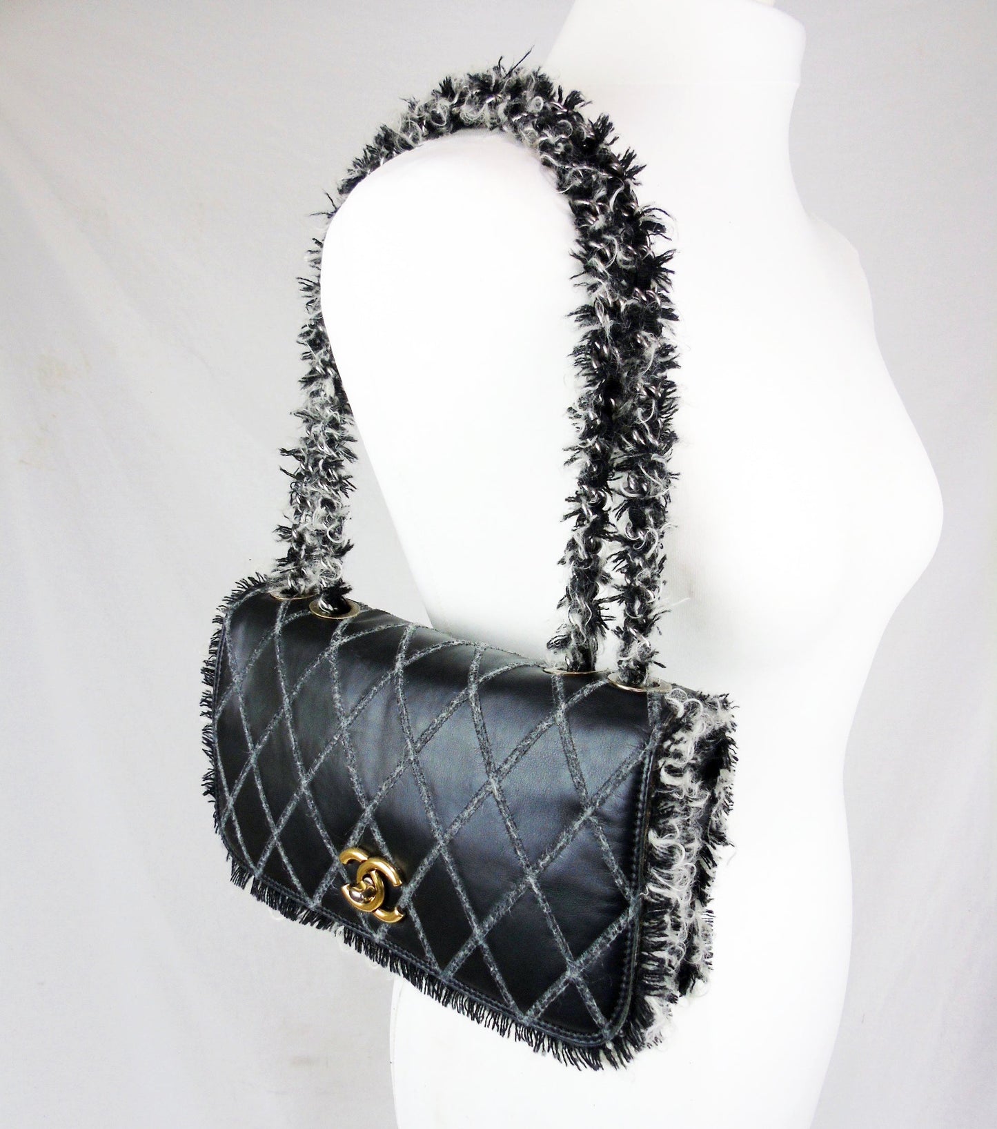 Chanel Black Leather tweed trim 10" Flap Bag