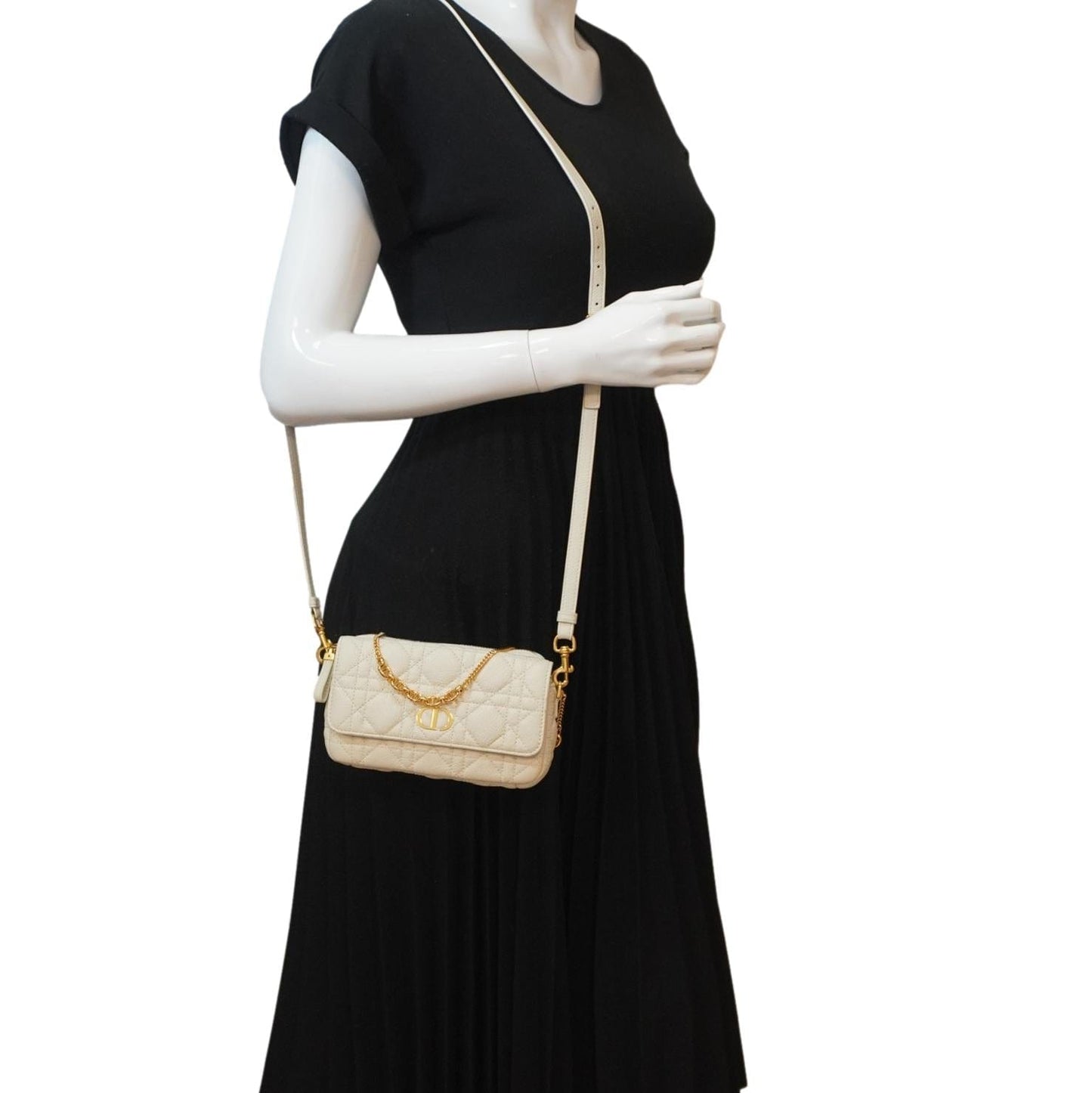 Christian Dior Caro Supple Cannage Calfskin Leather Chain Shoulder Bag Ivory
