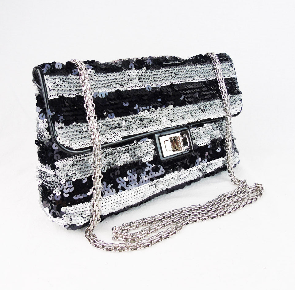Chanel black and silver striped sequin 10" flap Bag