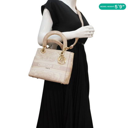 CHRISTIAN DIOR Lady Dior D-Lite Embroidered Canvas Shoulder Bag Beige