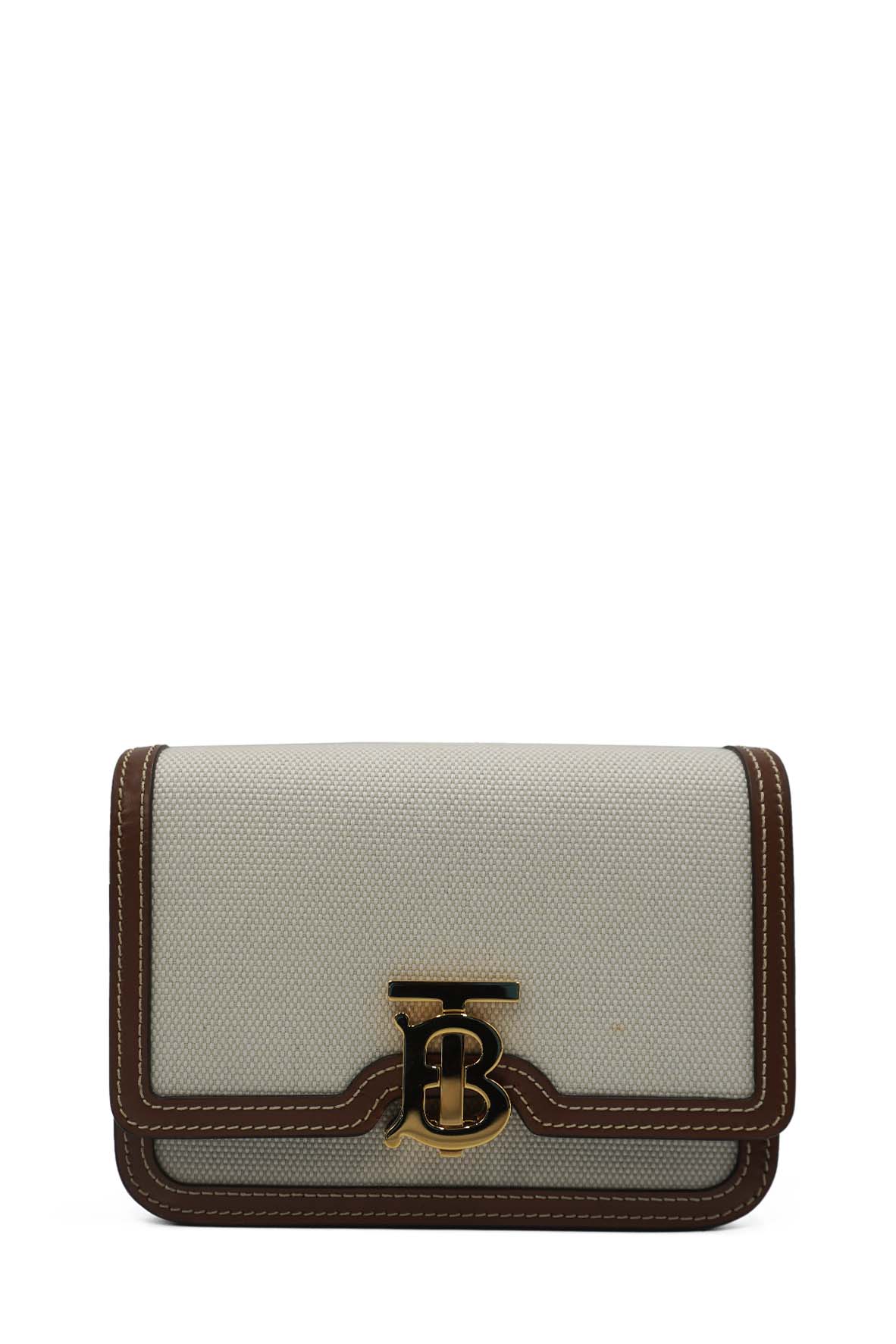 Mini Two-Tone Canvas and Leather TB Crossbody Bag White Brown