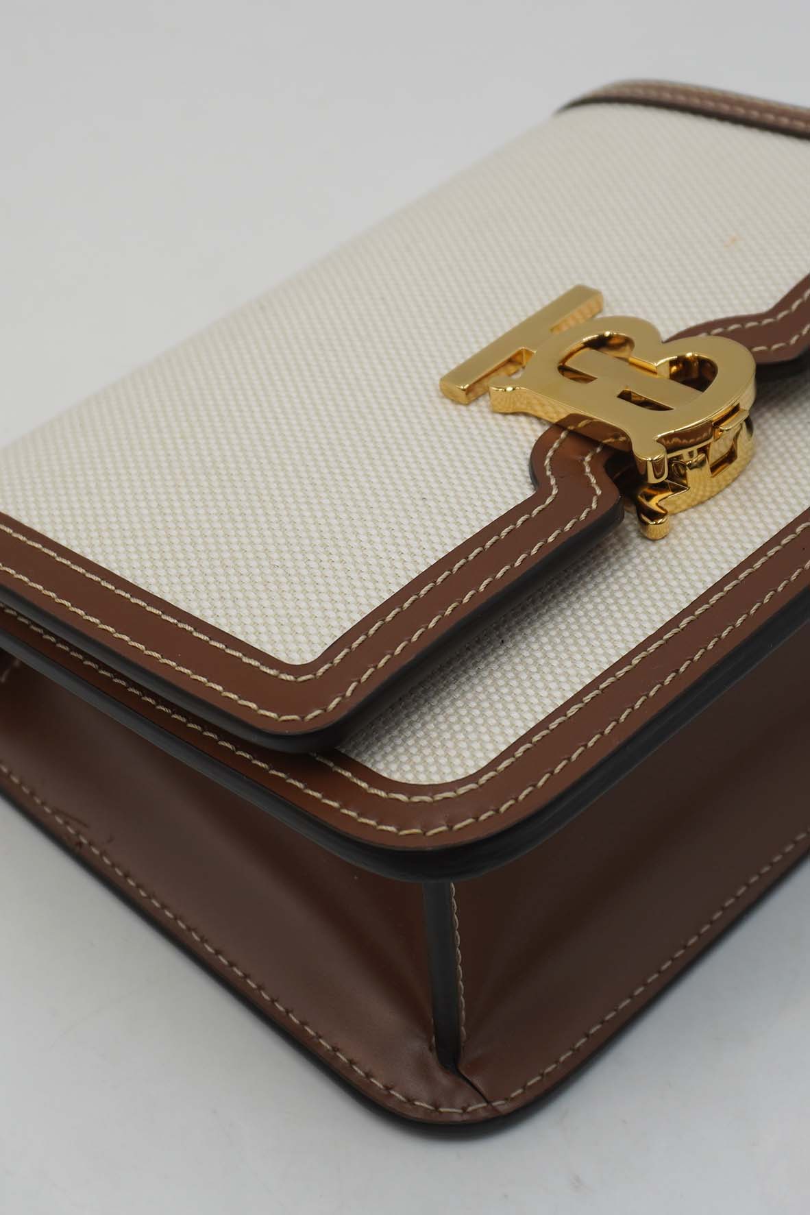 Mini Two-Tone Canvas and Leather TB Crossbody Bag White Brown