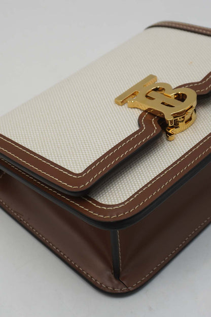 Mini Two-Tone Canvas and Leather TB Crossbody Bag White Brown