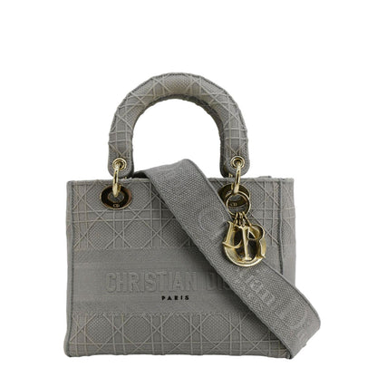 Christian Dior Lady Dior D-Lite Embroidered Cannage Canvas Shoulder Bag Gray