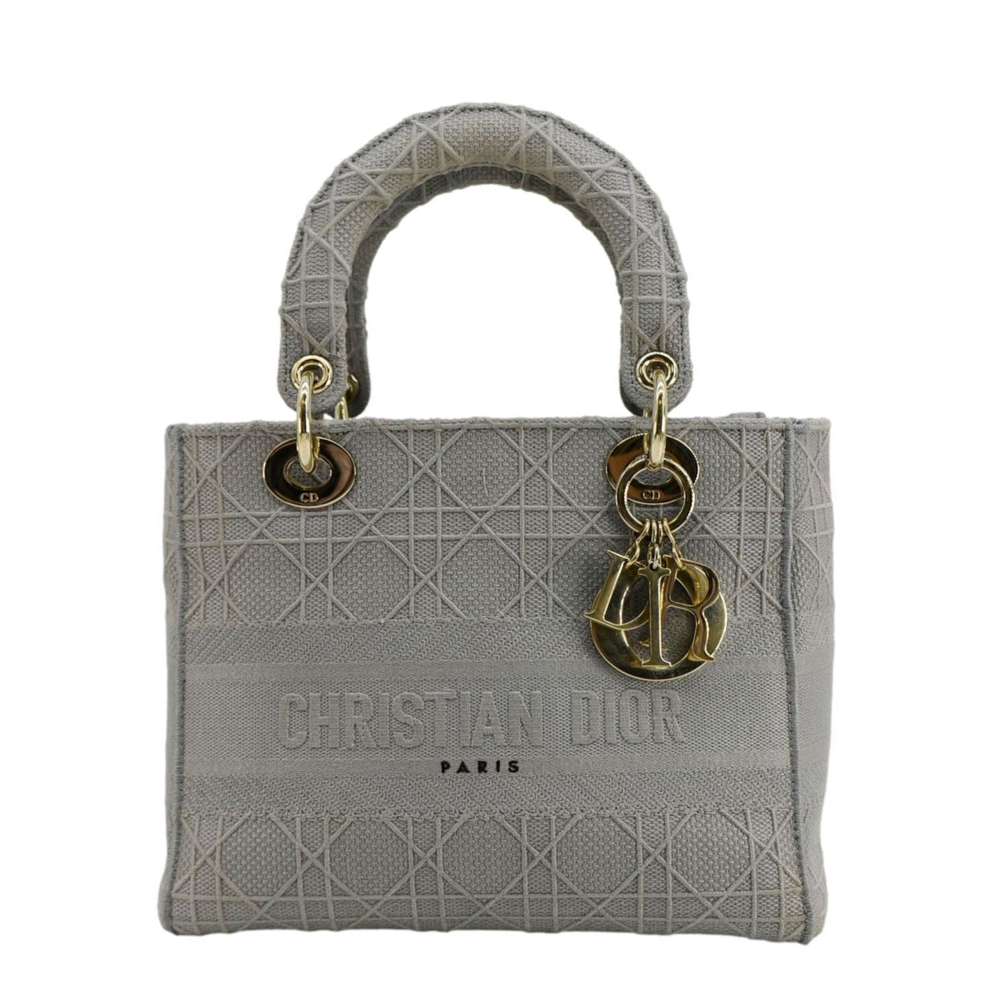 Christian Dior Lady Dior D-Lite Embroidered Cannage Canvas Shoulder Bag Gray