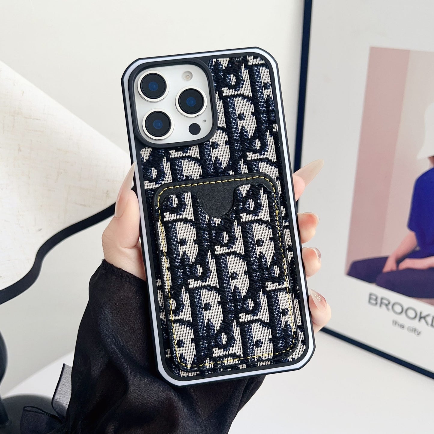 Dior Fabric iPhone Case Card Slot for 12 16 Pro Max Plus