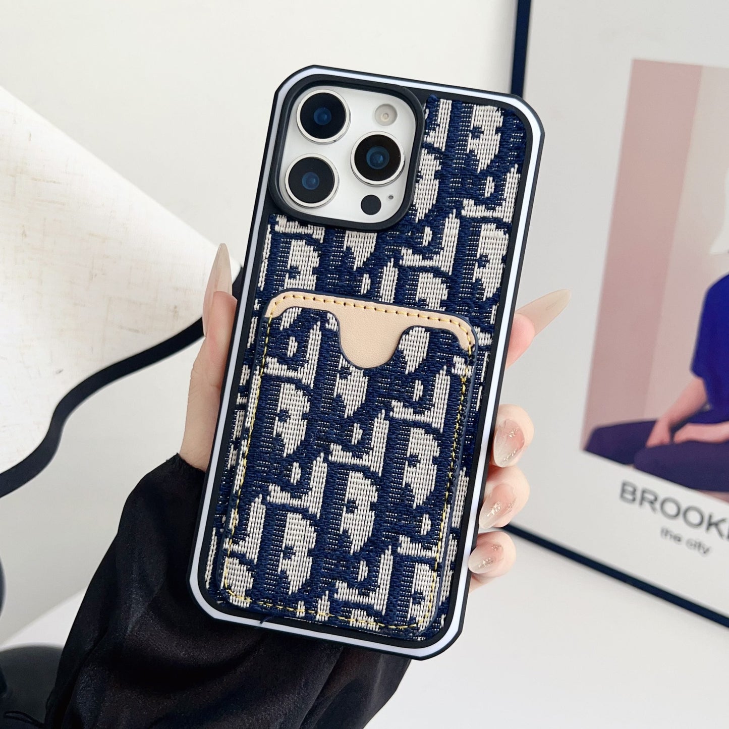 Dior Fabric iPhone Case Card Slot for 12 16 Pro Max Plus