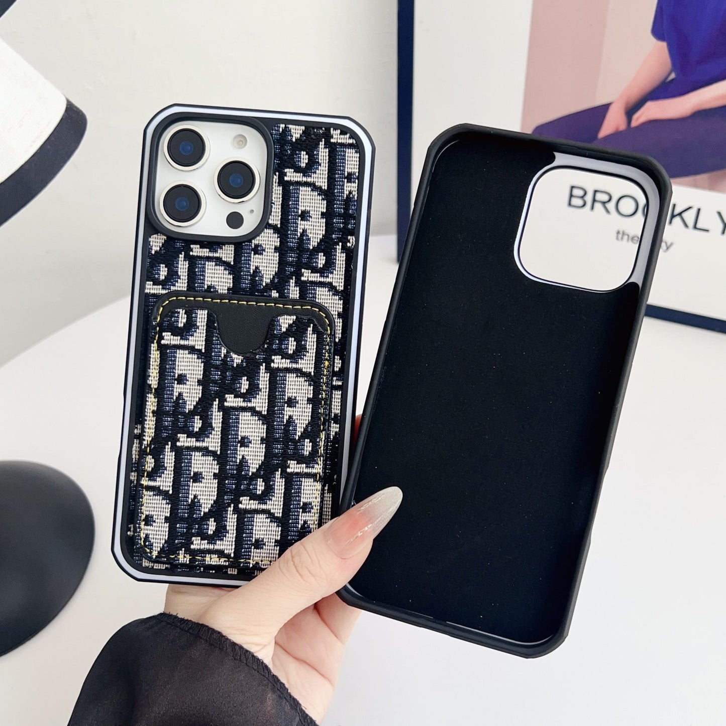 Dior Fabric iPhone Case Card Slot for 12 16 Pro Max Plus