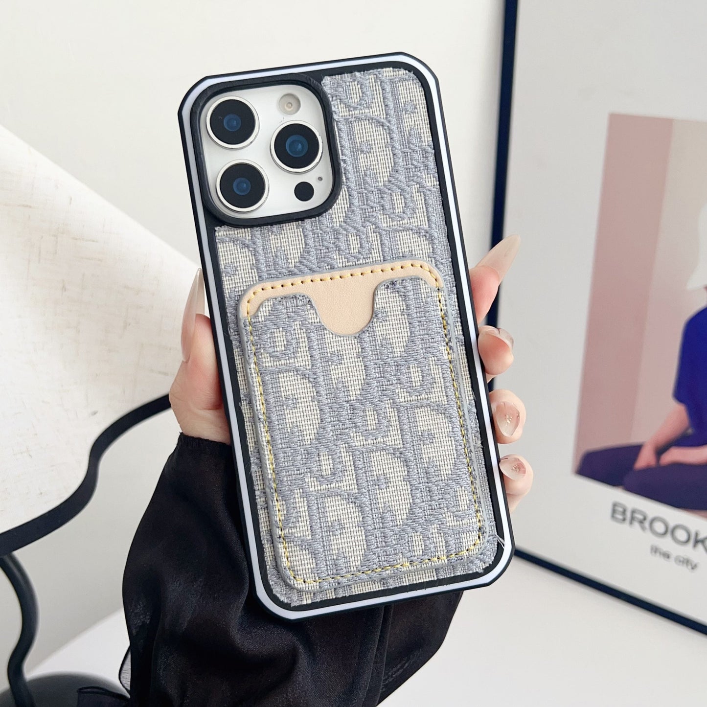 Dior Fabric iPhone Case Card Slot for 12 16 Pro Max Plus