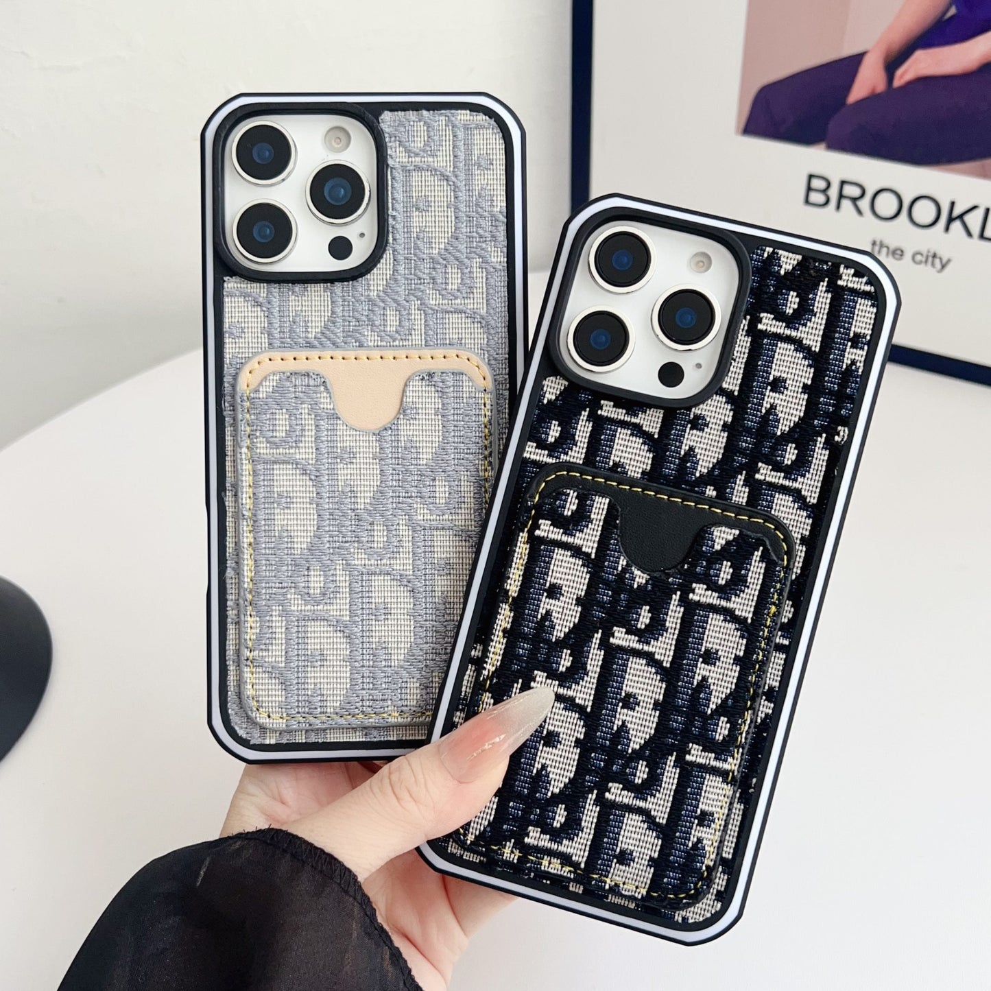 Dior Fabric iPhone Case Card Slot for 12 16 Pro Max Plus