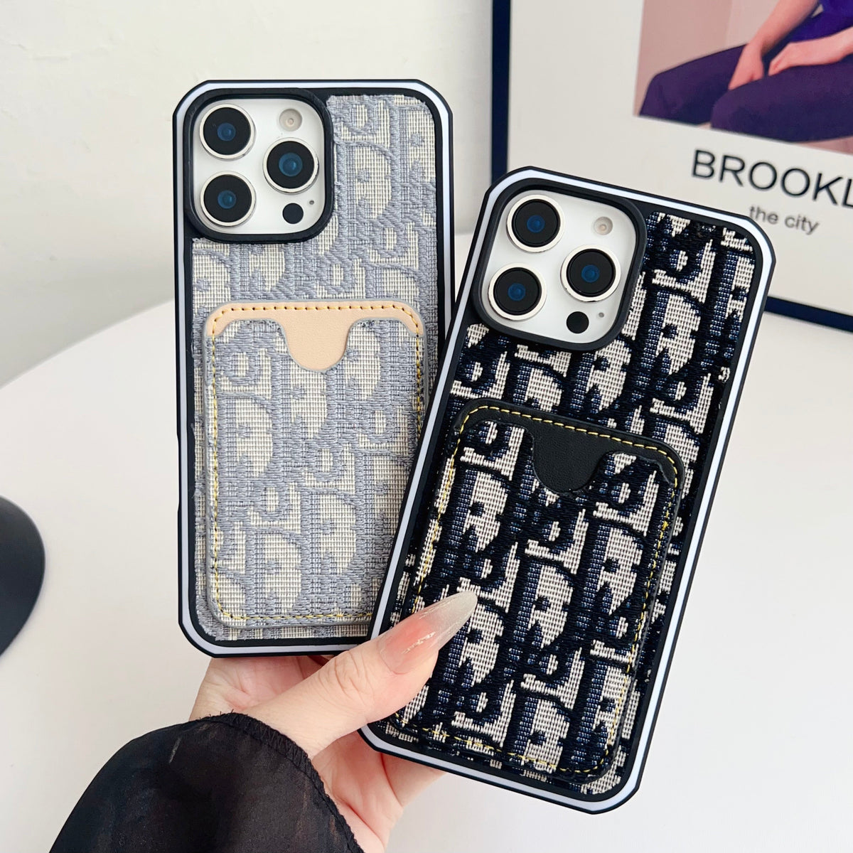 Dior Fabric Iphone Case Card Slot For 12 -16 Pro Max Plus / 18 Pro / 18 Pro Max