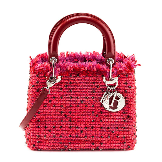 Dior Red Patent Pink Tweed Embellished Medium Lady Dior Bag
