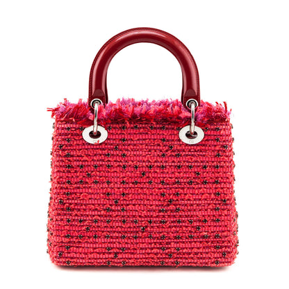 Dior Red Patent Pink Tweed Embellished Medium Lady Dior Bag