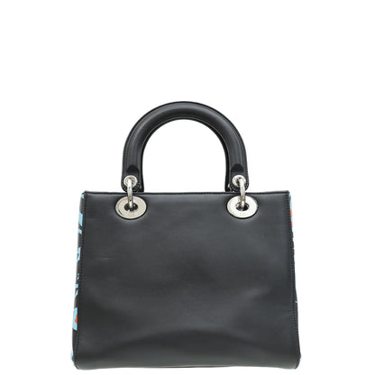 Christian Dior Black Multicolor Printed Logo Lady Dior Medium Bag