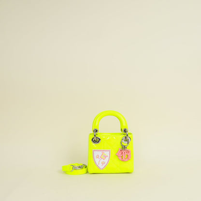 Christian Dior Neon Green Lady Dior Micro With Embroidered Patch Bag