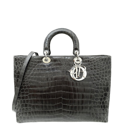 Christian Dior Dark Grey Crocodile Haute Maroquinerie Lady Dior Xl Bag