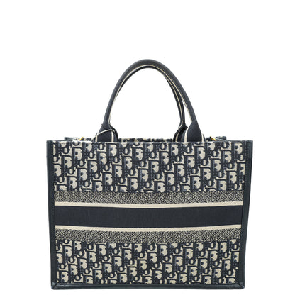 Christian Dior Blue Oblique Embroidery And Calfskin Book Tote Medium Bag