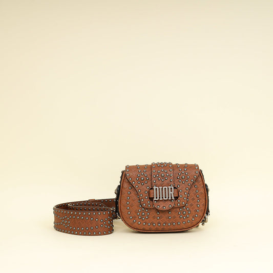 Christian Dior Brown Cannage Embossed Studded D-Fence Saddle Bag