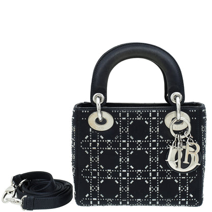 Christian Dior Black Cannage Satin Lady Dior Mini Strass Bag