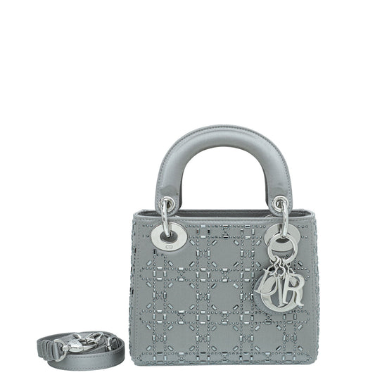 Christian Dior Grey Satin Strass Cannage Lady Dior Mini Bag