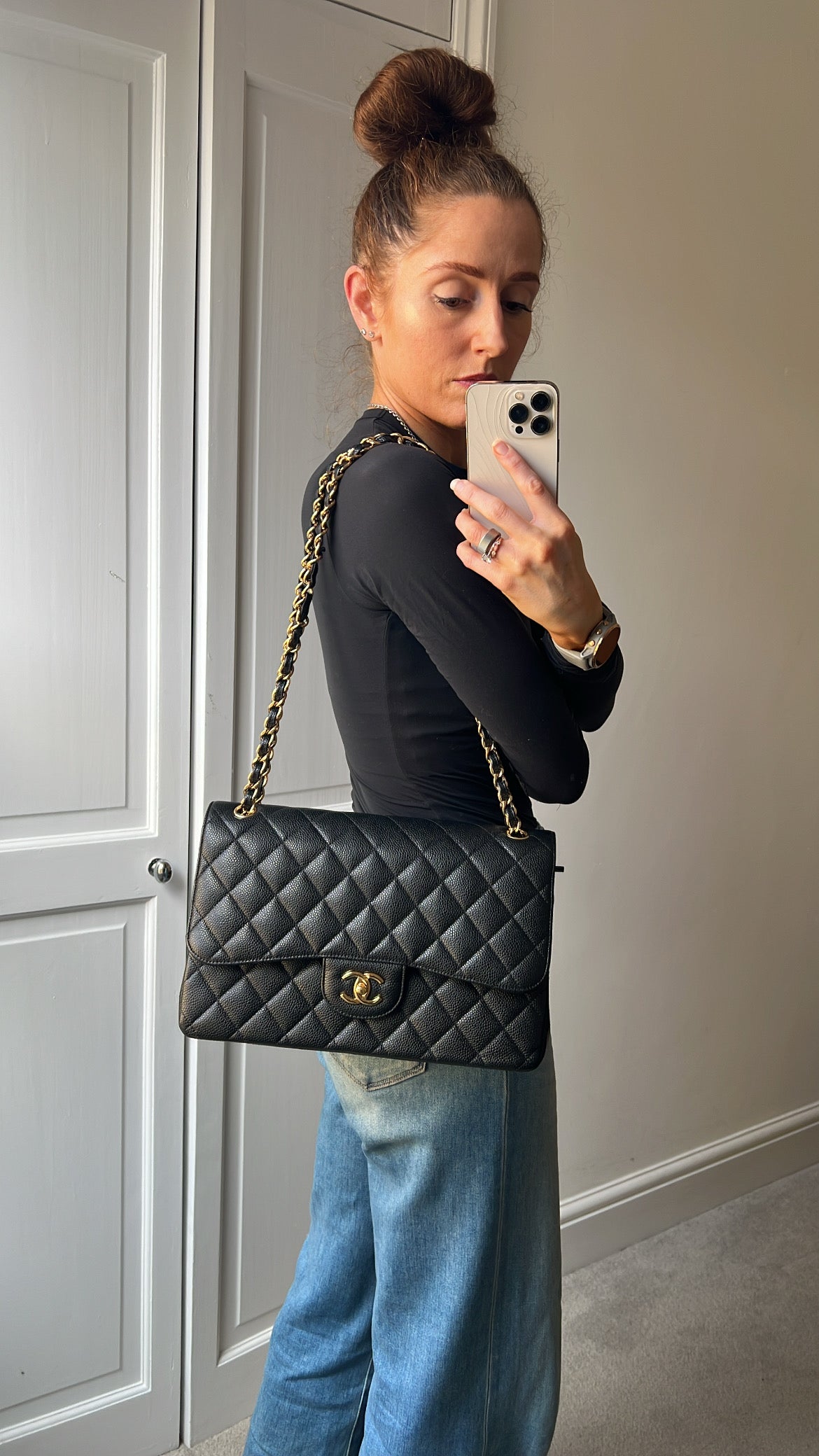 Chanel Jumbo Double Flap in Black Caviar with gold hardware (RRP £9830)