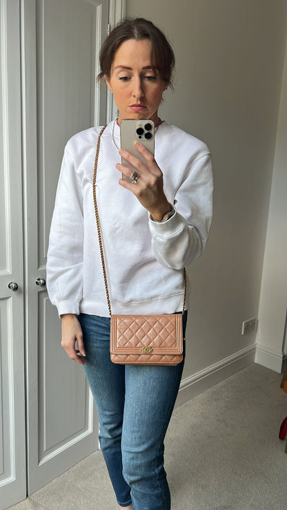 Chanel Dark Beige Quilted Caviar Boy Wallet on Chain