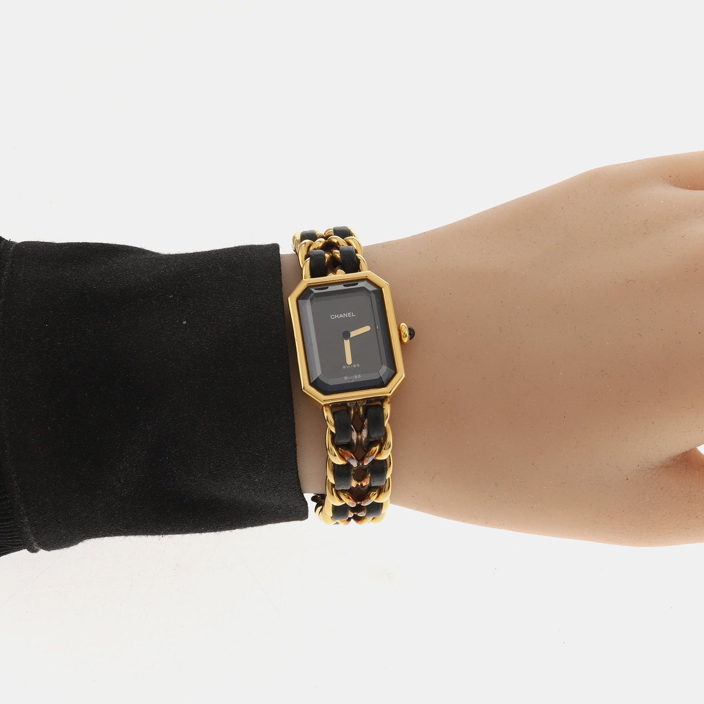 CHANEL 1987 Vintage PREMIERE Watch Black Leather and 24KT Yellow Gold Plated L Size