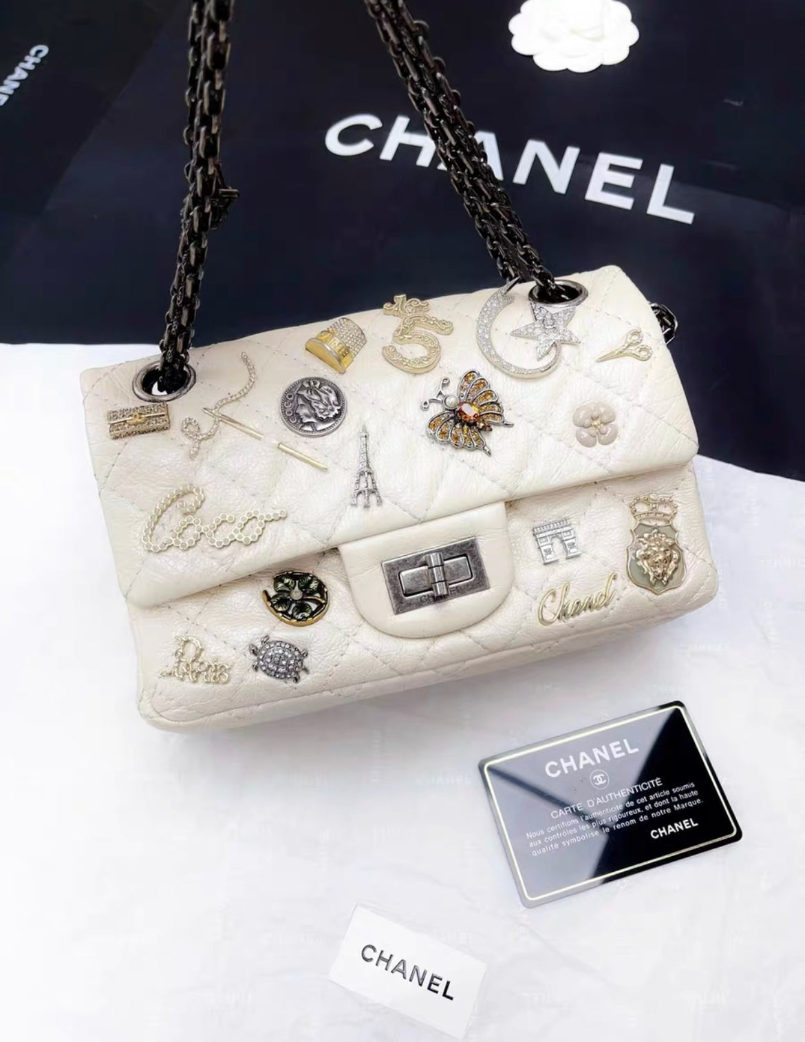 Chanel Pearl White Quilted Leather Limited Edition Lucky Charm Reissue 2 55 Classic Flap Bag