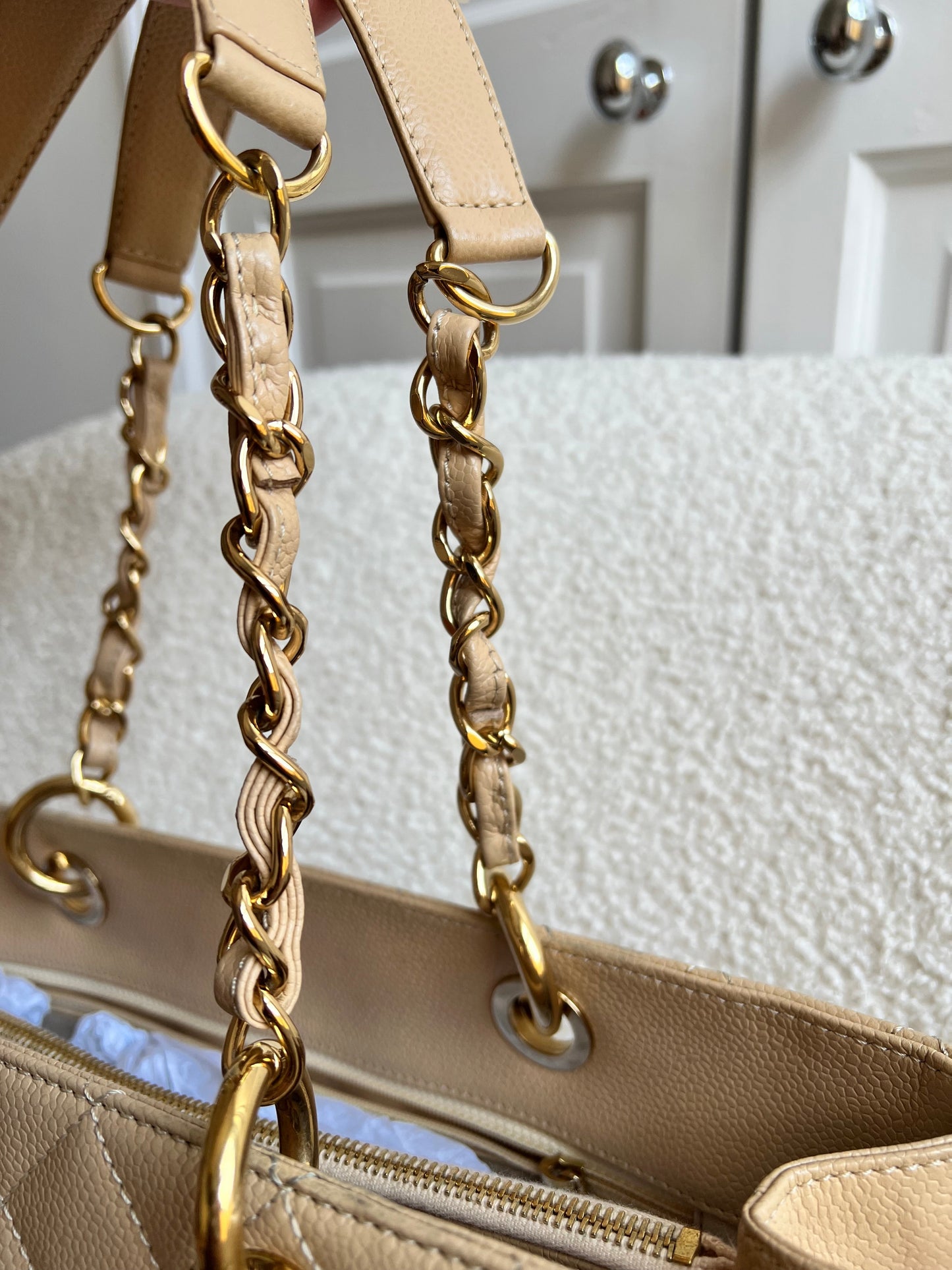 Chanel Beige Caviar Grand Shopper Tote gold hardware (GST)