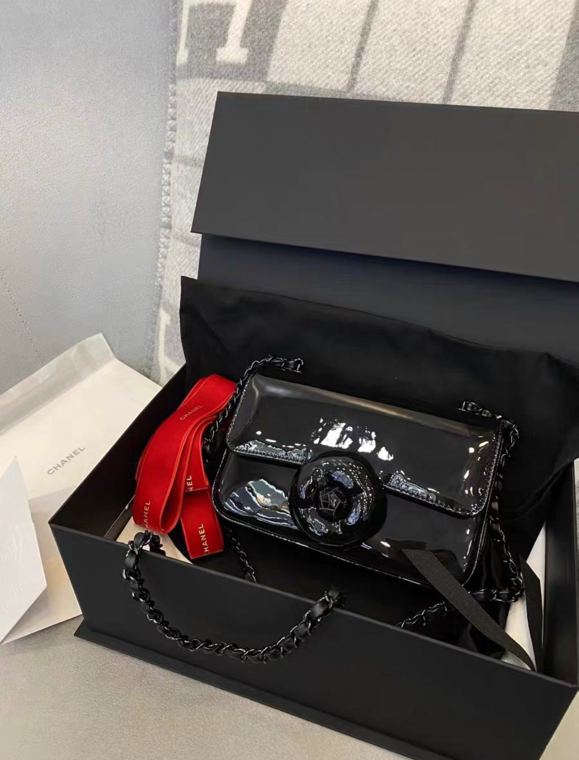 Chanel 23K Black Patent Leather Camellia Large Mini Shoulder Bag