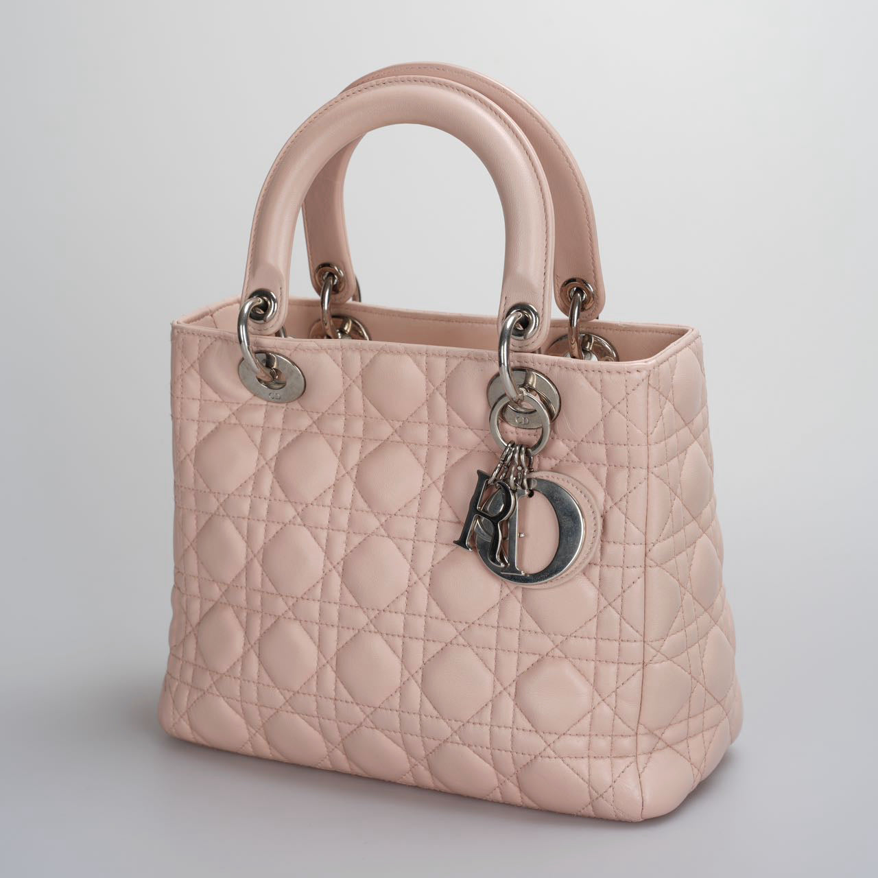 Christian Dior Pink Medium Lady Dior Bag In Cannage Lambskin Leather With Silver Hardware