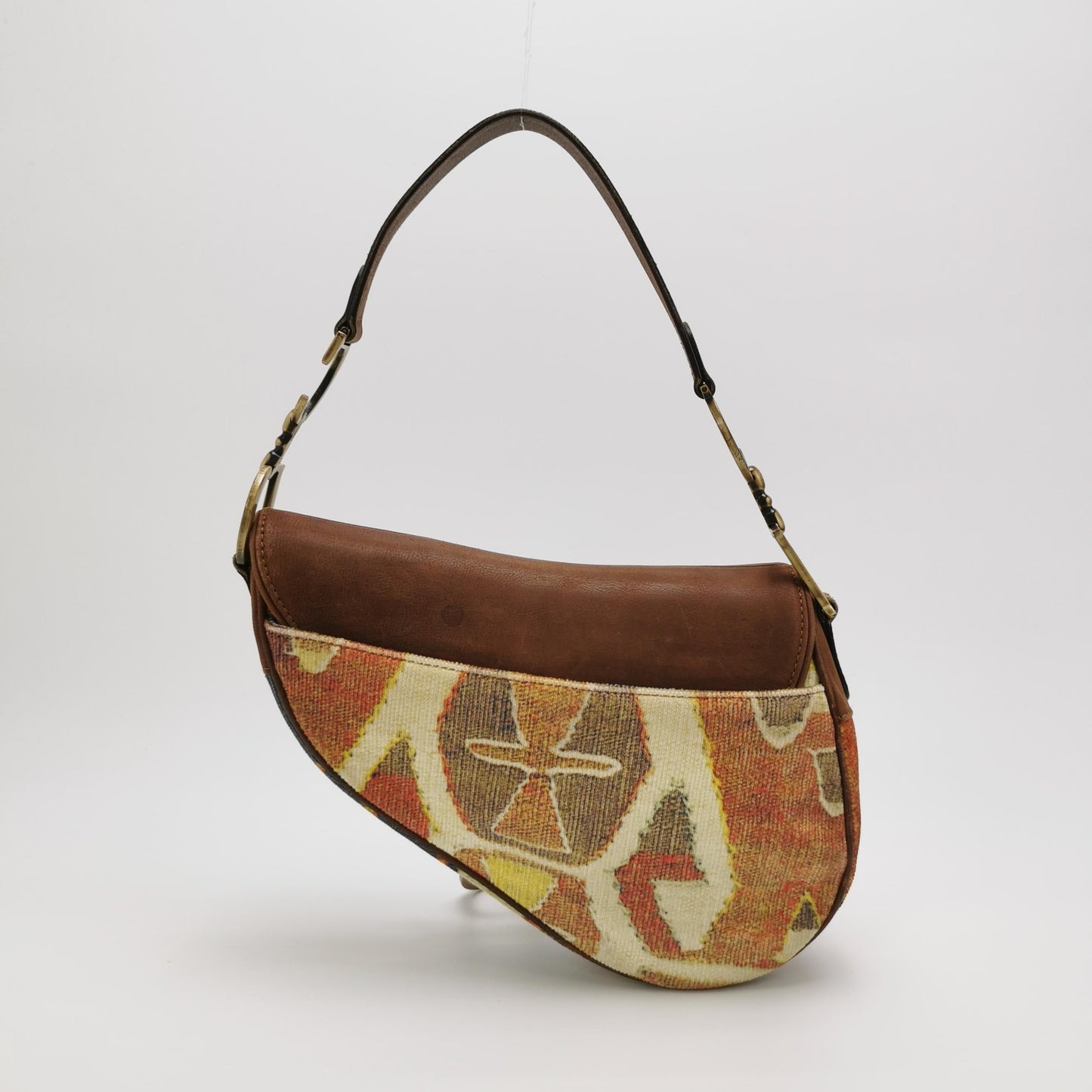 Dior Saddle Brown Leather Printed Velvet Gold Hardware Shoulder Bag