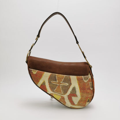 Dior Saddle Brown Leather Printed Velvet Gold Hardware Shoulder Bag
