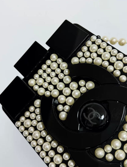 Chanel Runway White Pearl And Black Lego Clutch