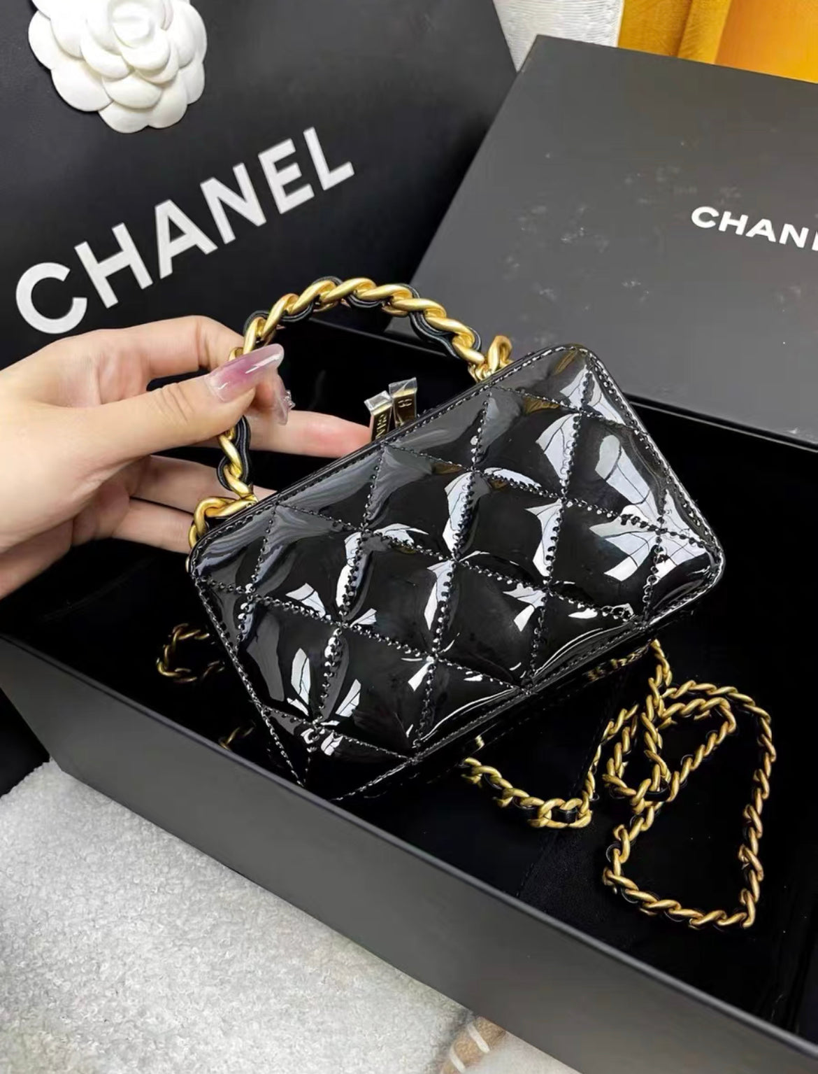 Chanel 22A Patent Black Leather Gold Chain Handle Vanity Case Mini Rectangular Bag Classic Top Handle