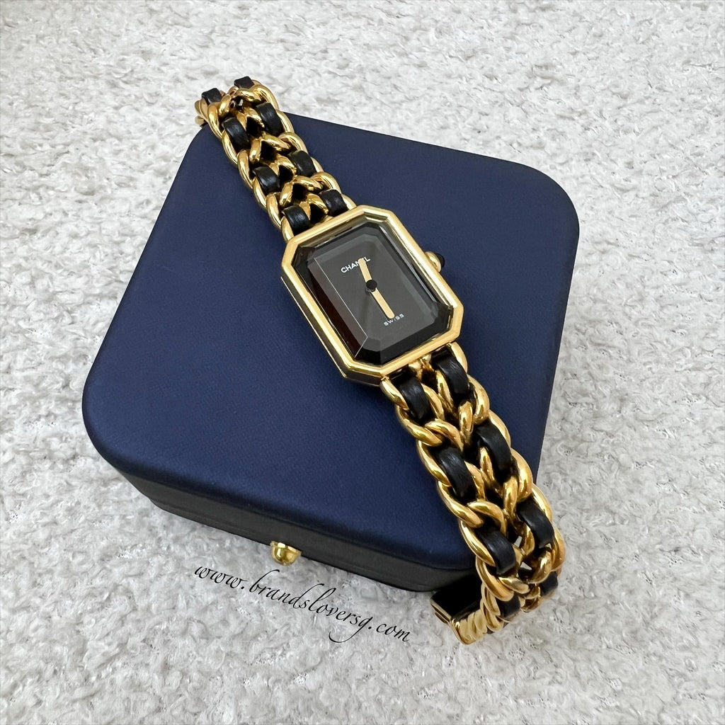 Chanel Vintage Premiere Watch in 24K Gold Plated HW and Black Leather Size M