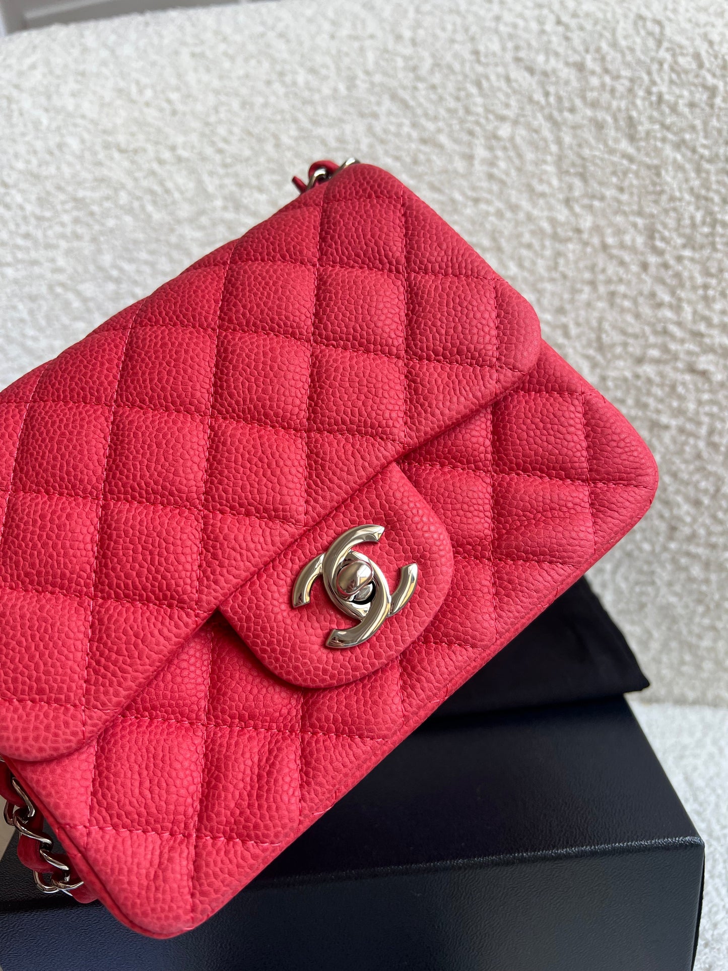 Chanel Square Mini Classic Flap in Coral Red Suede Caviar
