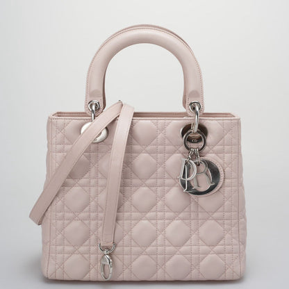 Christian Dior Cherry Blossom Pink Lady Dior Bag In Lambskin With Silver Hardware