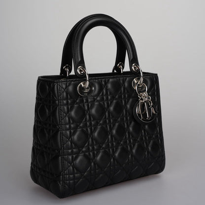 Christian Dior Black Medium Lady Dior Bag In Cannage Lambskin Leather With Silver Hardware