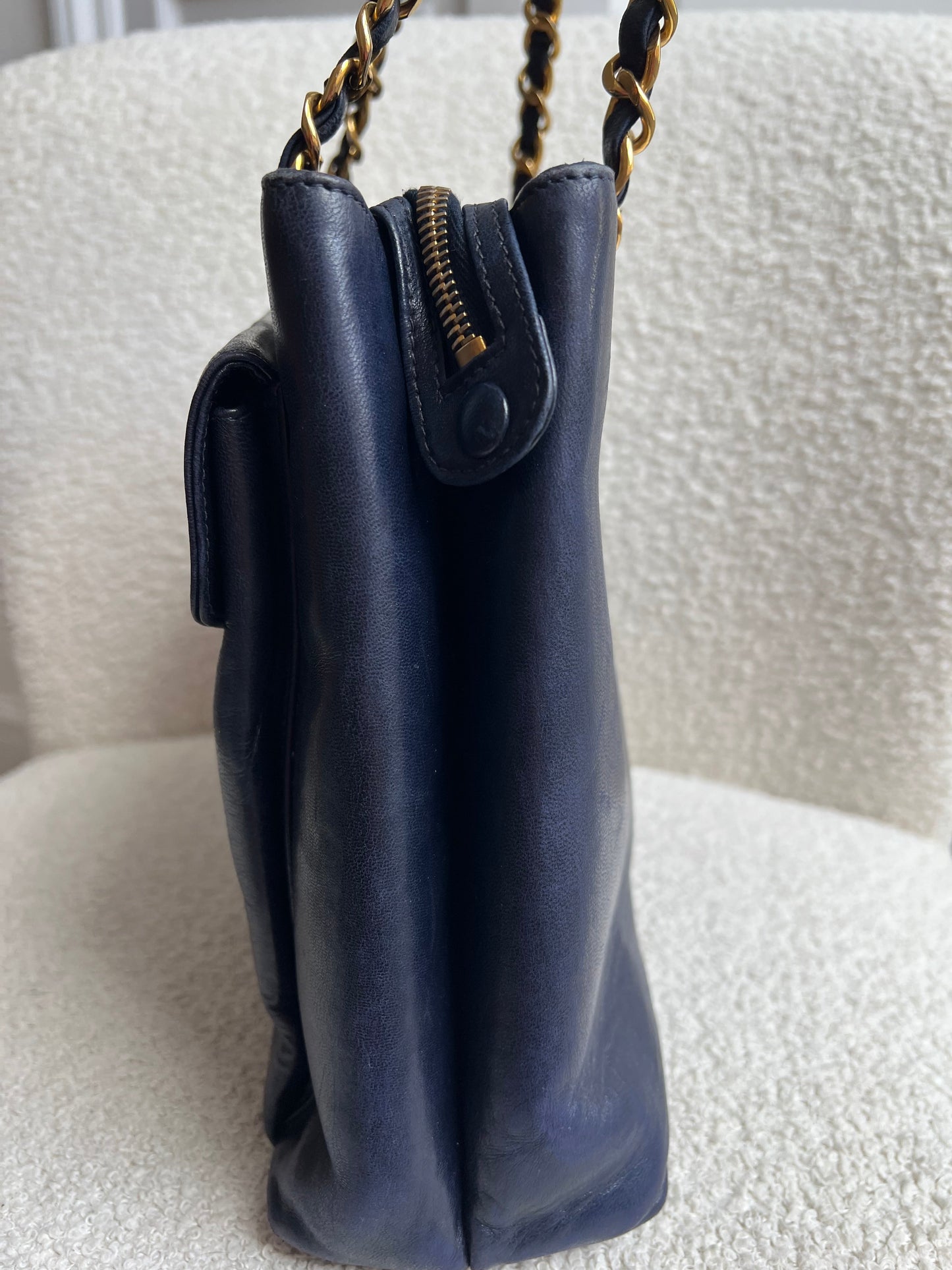 Chanel Vintage Navy Lambskin Chain Tote with 24k Gold Hardware