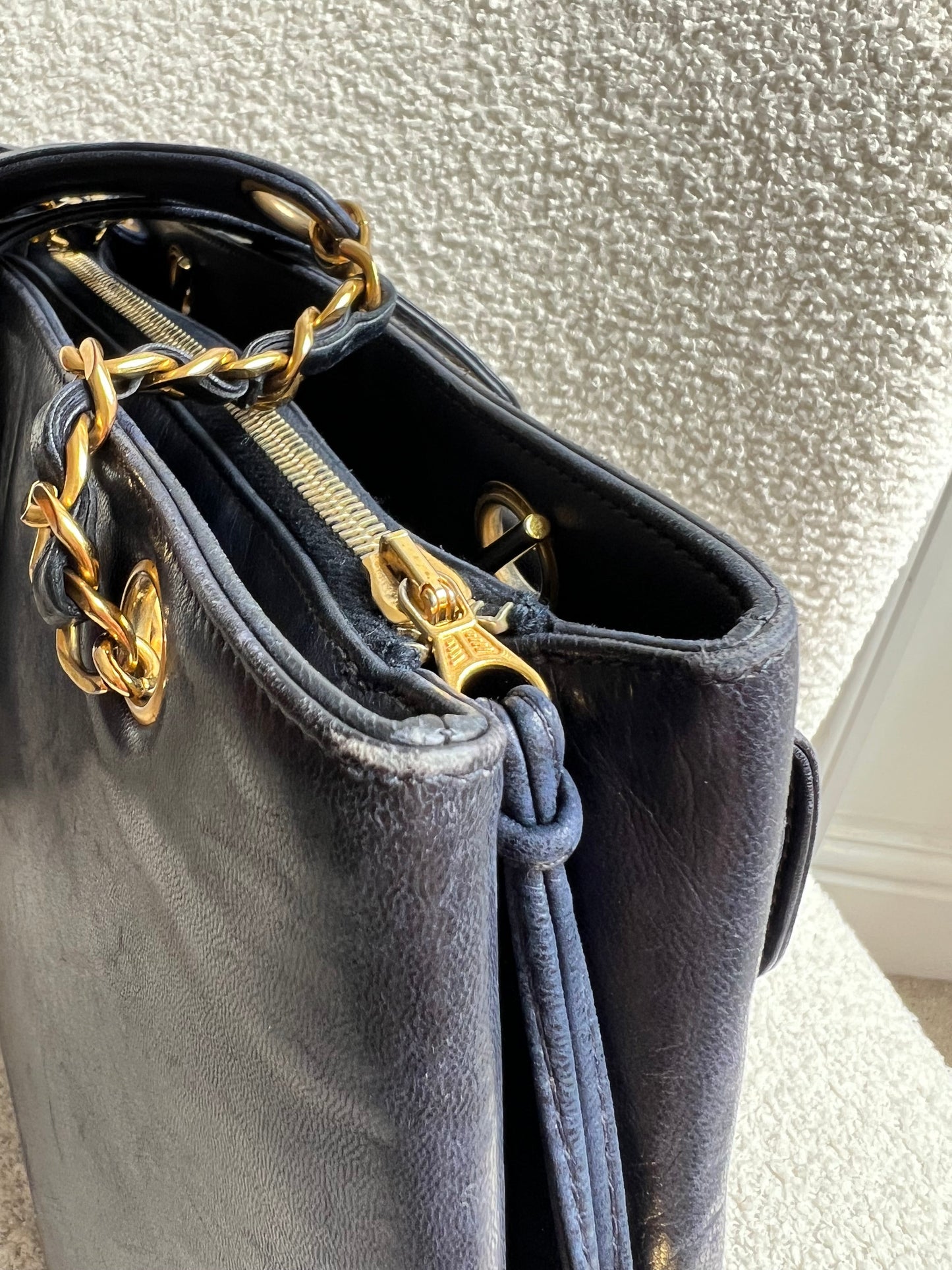 Chanel Vintage Navy Lambskin Chain Tote with 24k Gold Hardware
