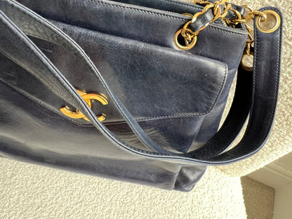 Chanel Vintage Navy Lambskin Chain Tote with 24k Gold Hardware
