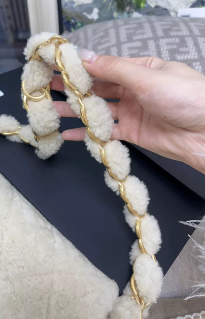 Chanel 24K Off-White Shearling Chain Flap Bag With Gold Hardware