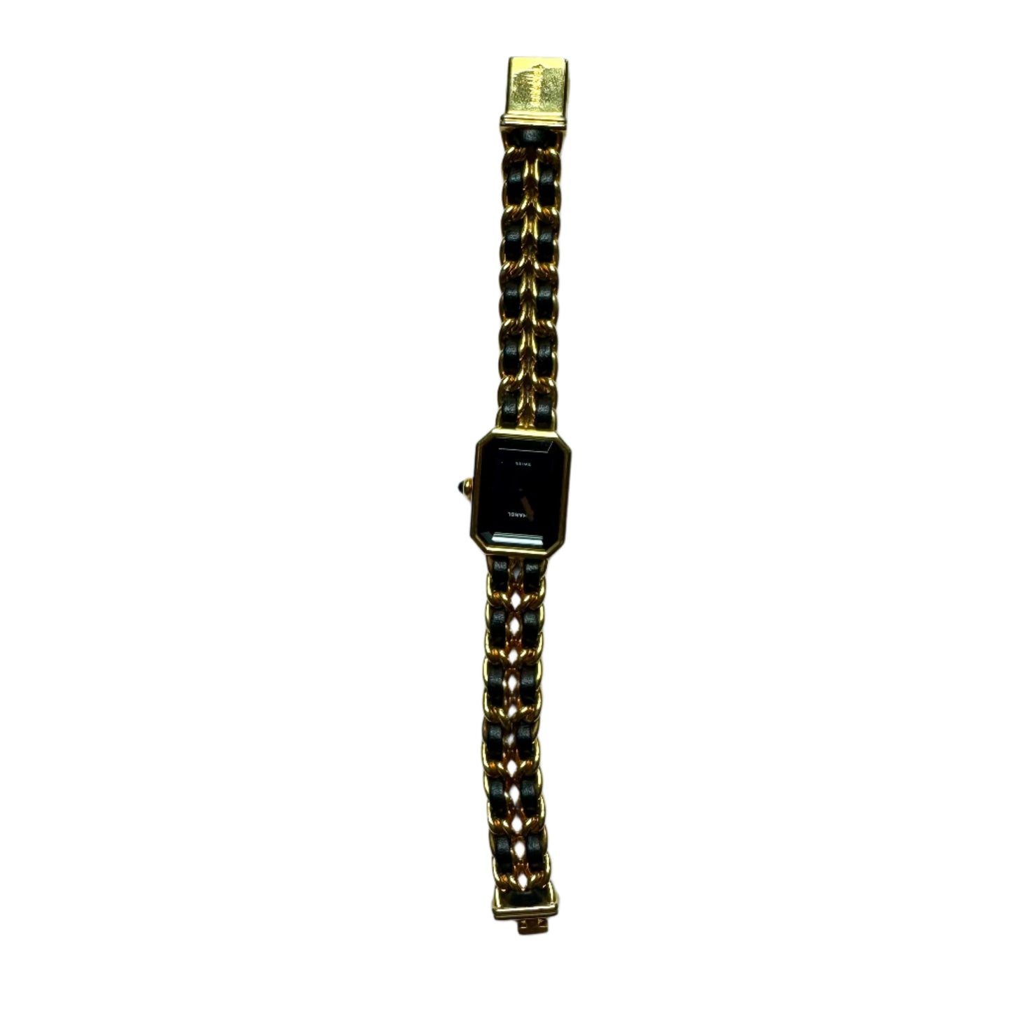 CHANEL 1987 Vintage PREMIERE Watch Black Leather and 24KT Yellow Gold Plated L Size