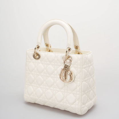 Christian Dior White Medium Lady Dior Bag In Cannage Lambskin Leather With Gold Hardware