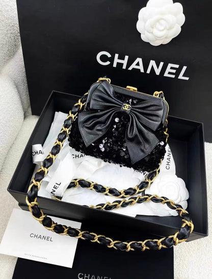 Chanel Metiers D Art 24A Black Sequin Tweed Evening Mini Clutch Bag With Bow