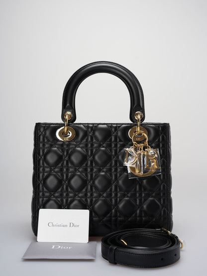 Christian Dior Black Medium Bag In Cannage Lambskin Leather With Gold Hardware
