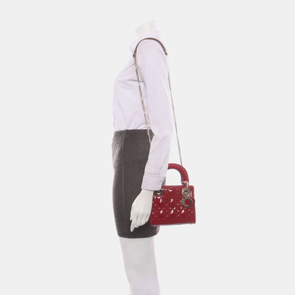 Lady Dior Mini Handbag Burgundy Red Patent Leather Gold-tone Chain Strap